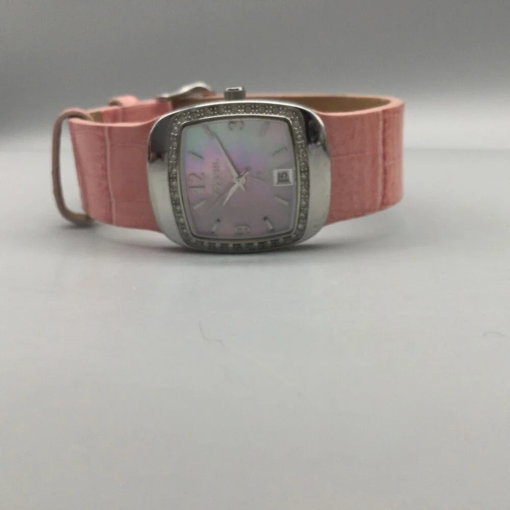 Fossil F2 Womens Watch 25mm Pink MOP Dial Leather Silver Tone Date New Battery